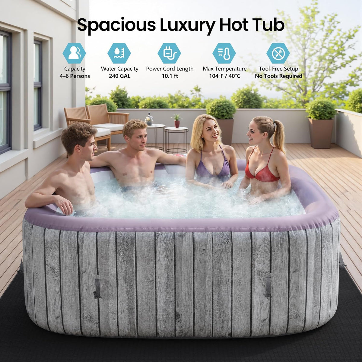 4-6 Person Inflatable Hot Tub, Portable Outdoor Spa with 130 Air Jets, Circulation Heating