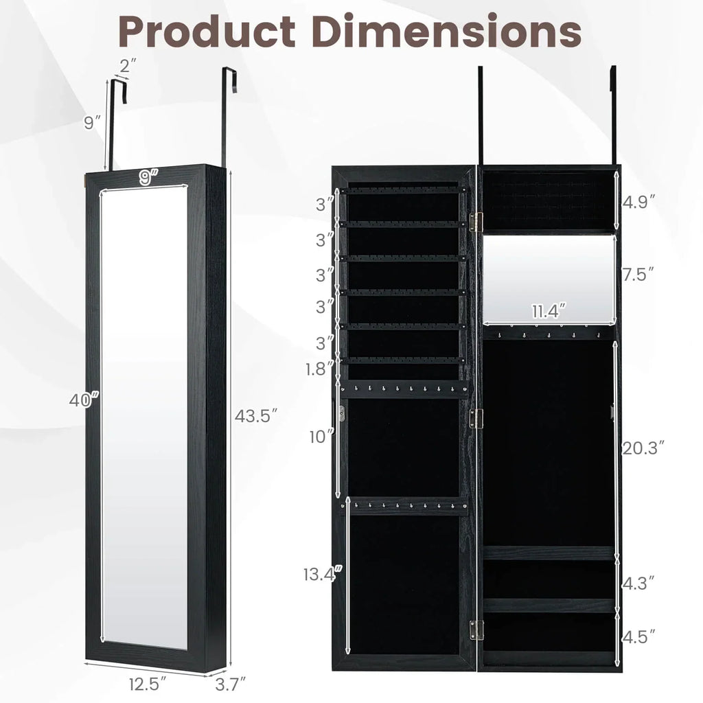 Costway Wall Door Mounted Mirrored Jewelry Cabinet Storage Organizer-Black