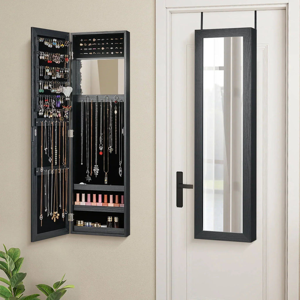 Costway Wall Door Mounted Mirrored Jewelry Cabinet Storage Organizer-Black