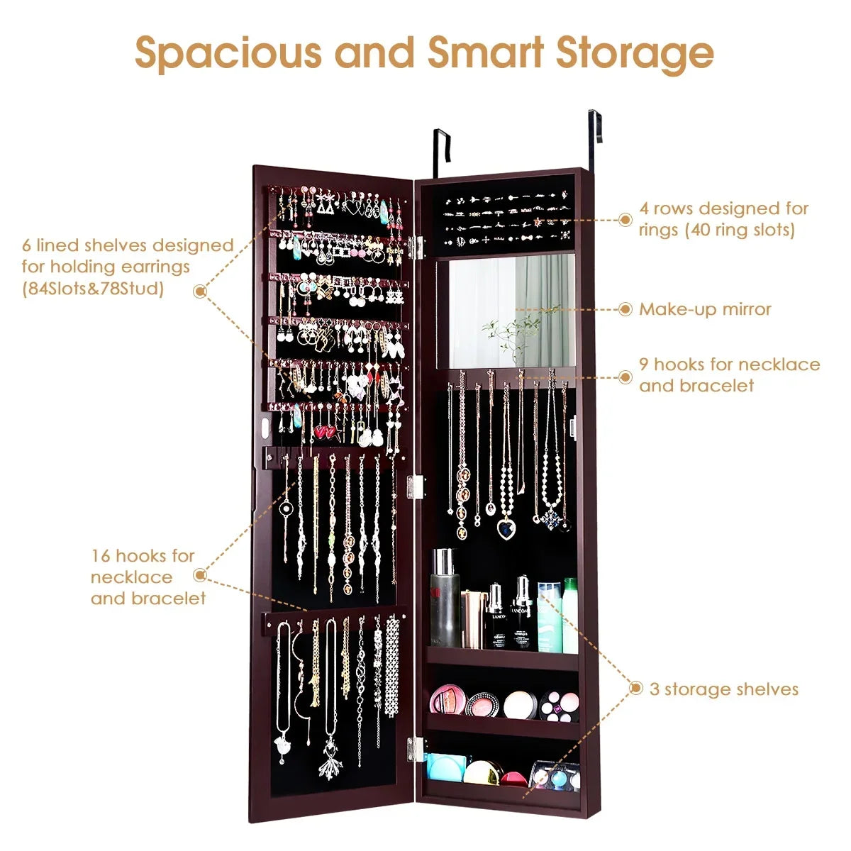 Costway Wall Door Mounted Mirrored Jewelry Cabinet Storage Organizer-Black