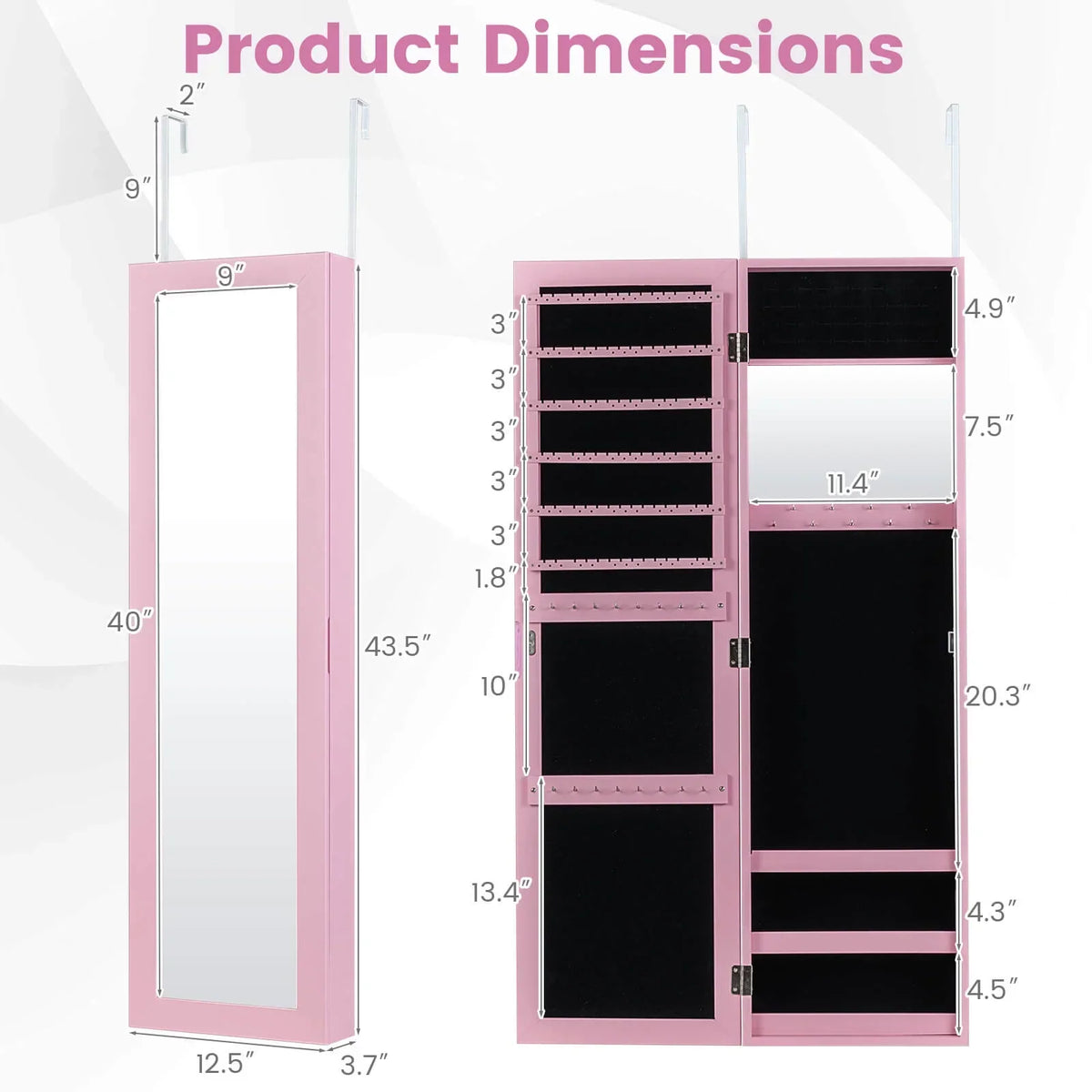 Costway Wall Door Mounted Mirrored Jewelry Cabinet Storage Organizer-Black