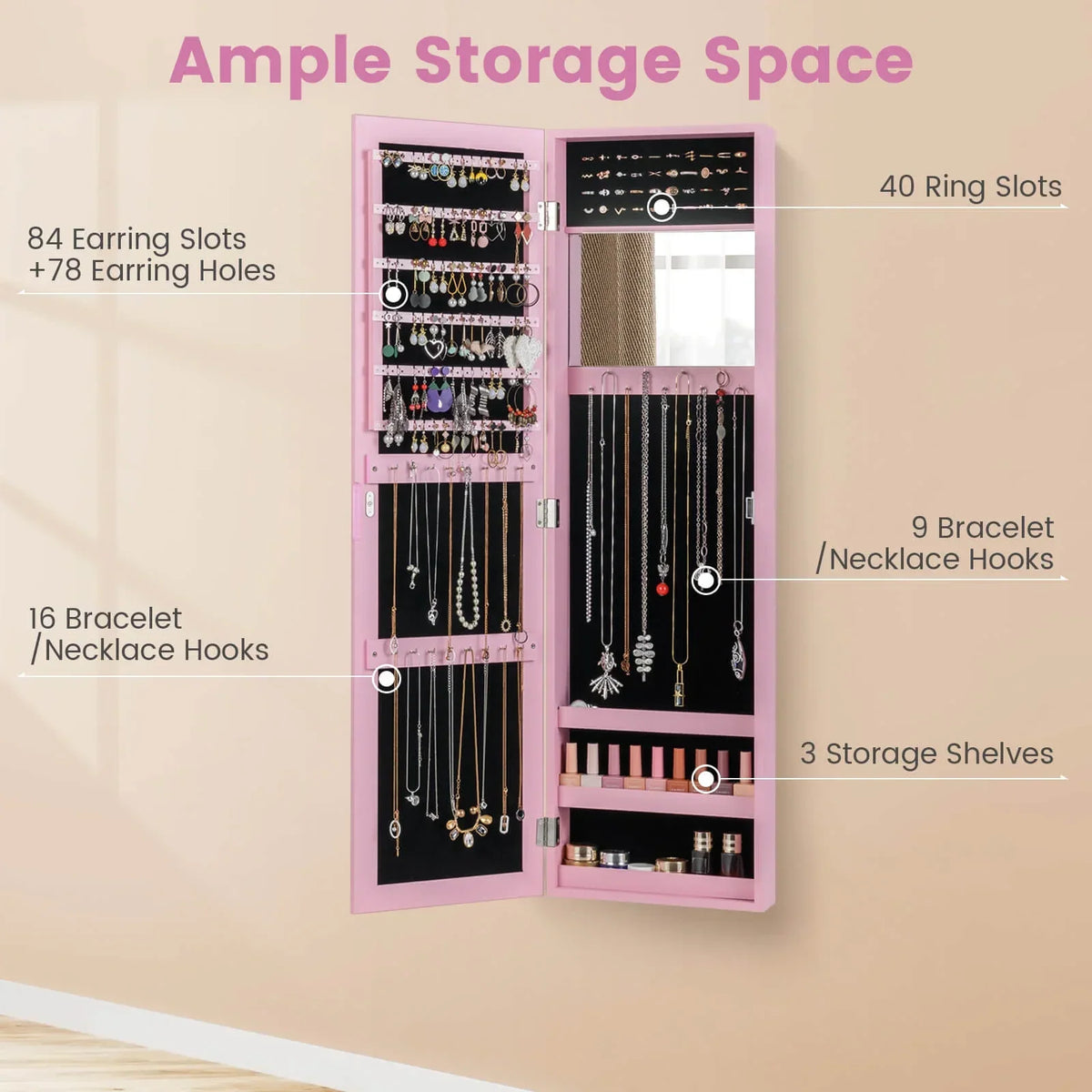 Costway Wall Door Mounted Mirrored Jewelry Cabinet Storage Organizer-Black