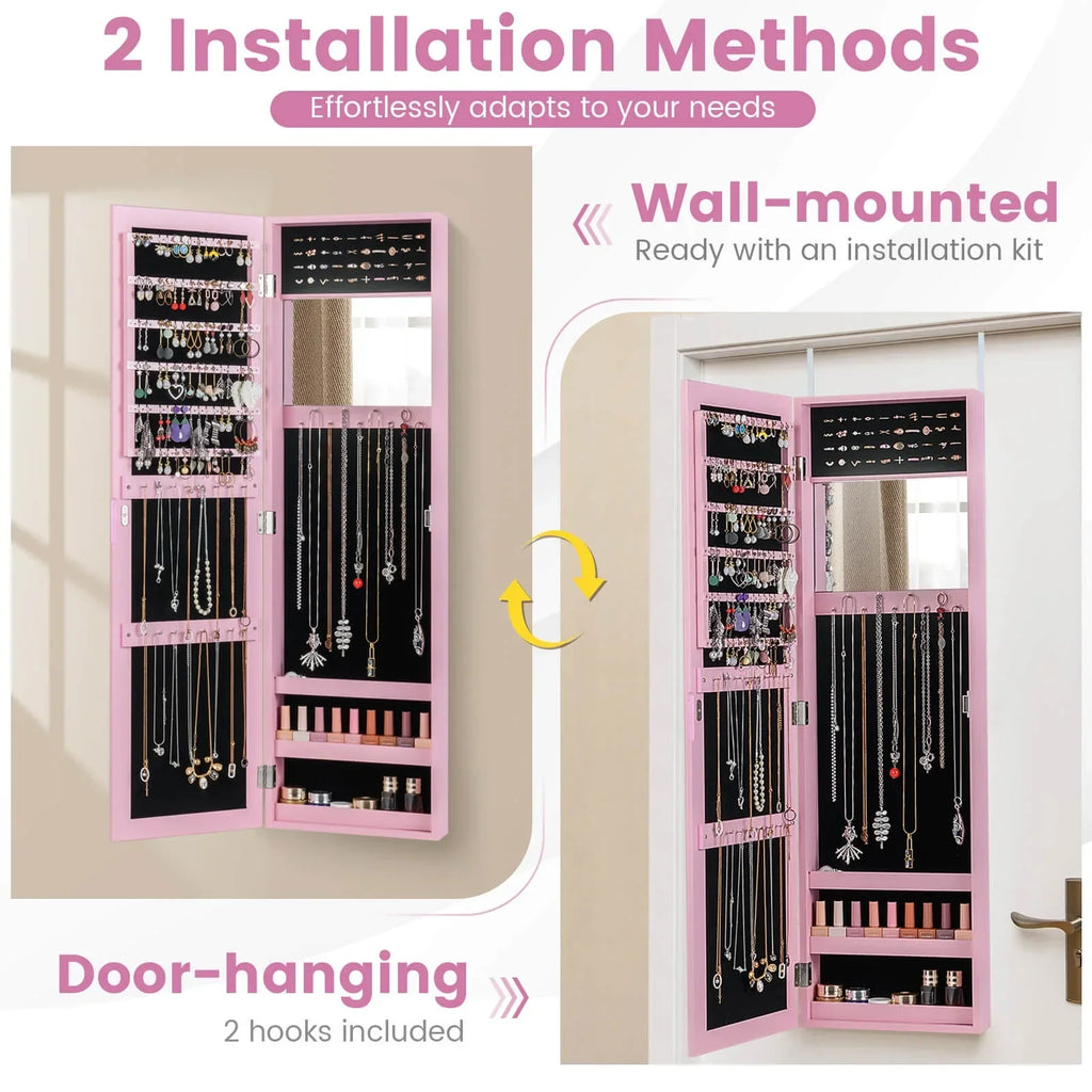 Costway Wall Door Mounted Mirrored Jewelry Cabinet Storage Organizer-Black