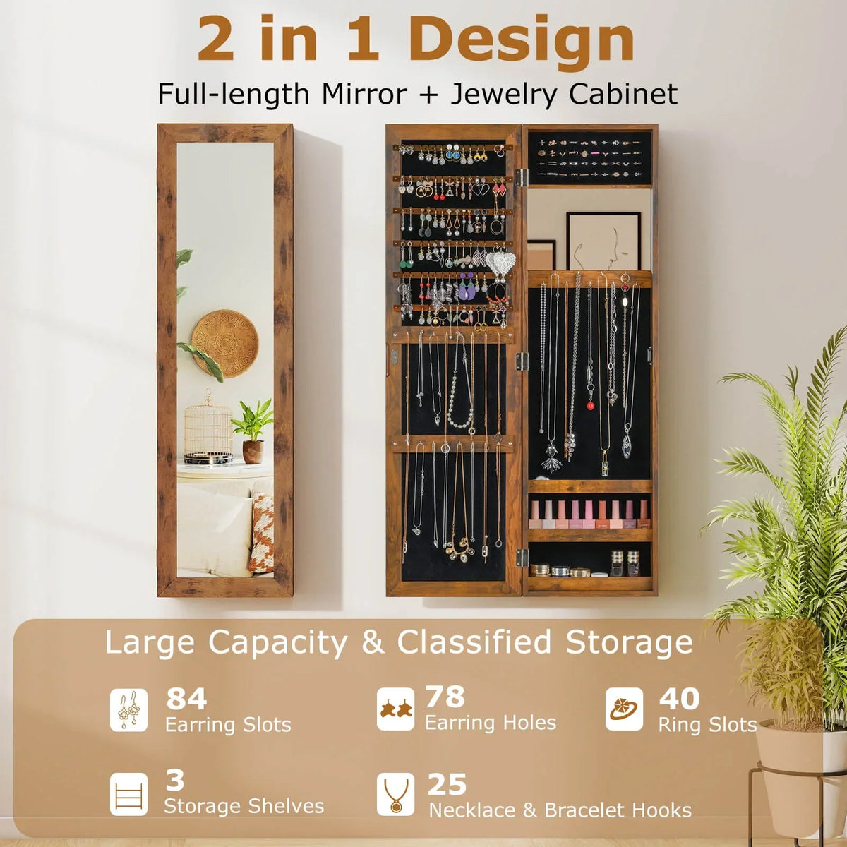 Costway Wall Door Mounted Mirrored Jewelry Cabinet Storage Organizer-Black