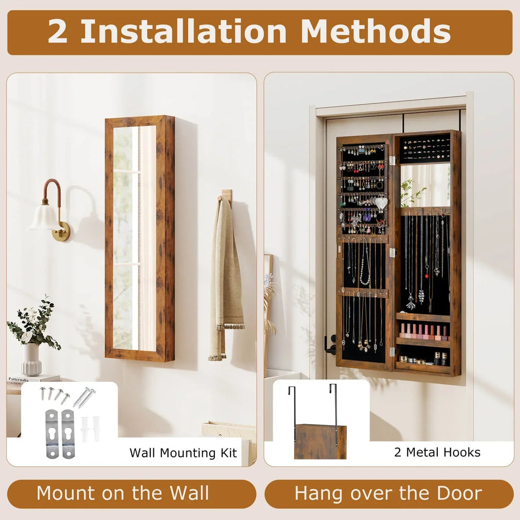 Costway Wall Door Mounted Mirrored Jewelry Cabinet Storage Organizer-Black