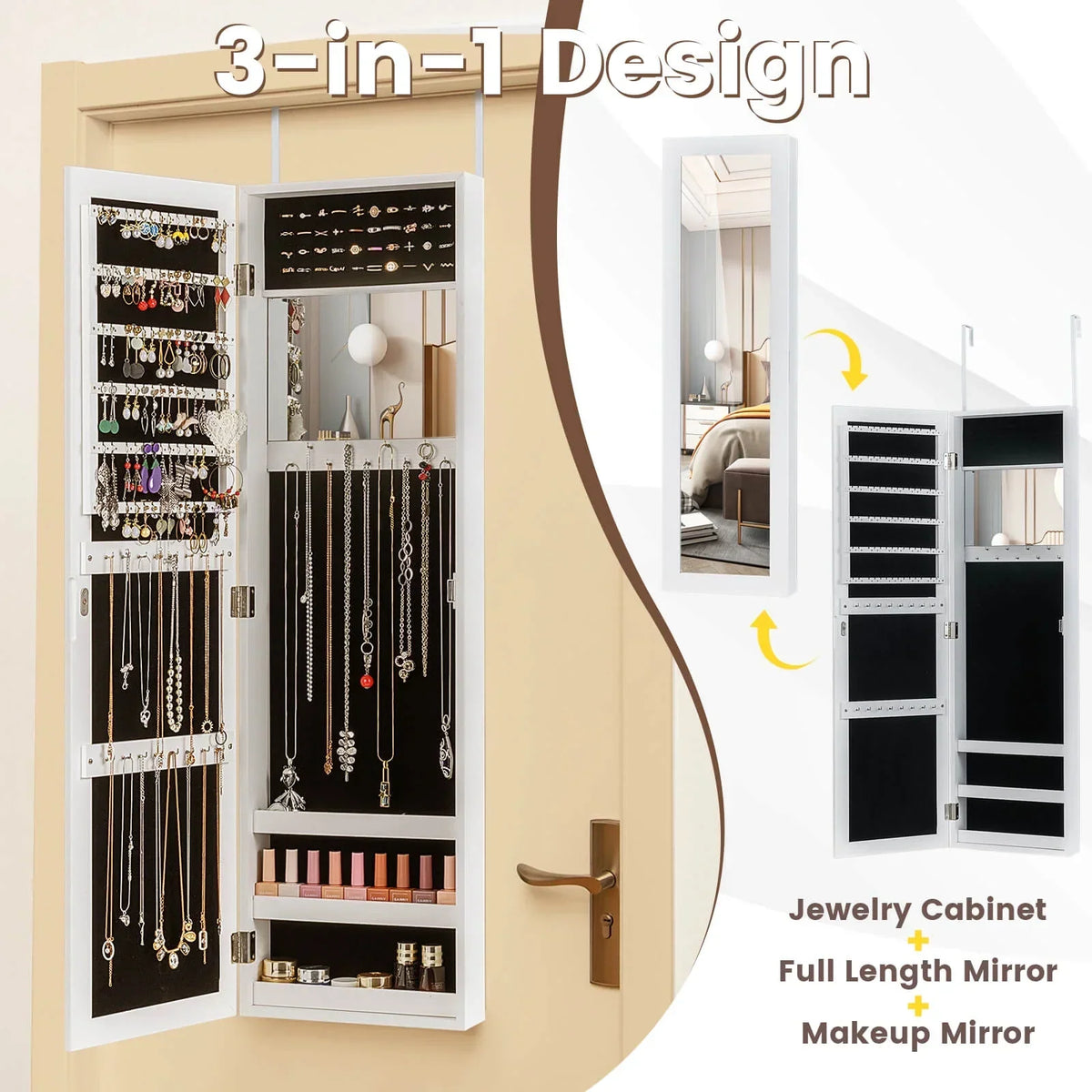 Costway Wall Door Mounted Mirrored Jewelry Cabinet Storage Organizer-Black