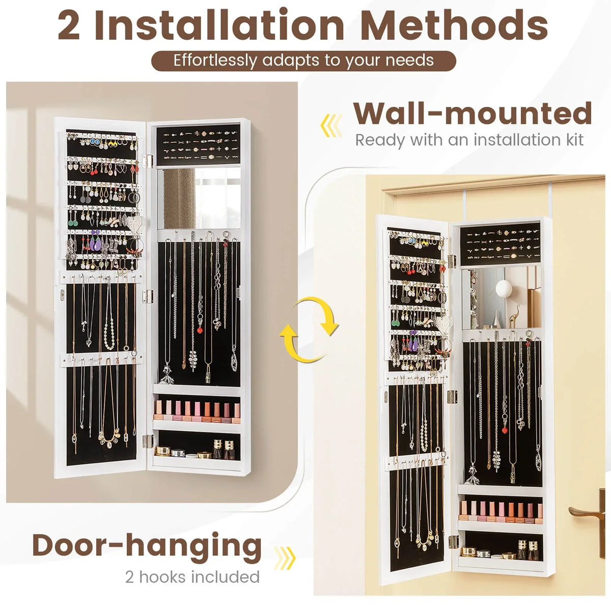 Costway Wall Door Mounted Mirrored Jewelry Cabinet Storage Organizer-Black