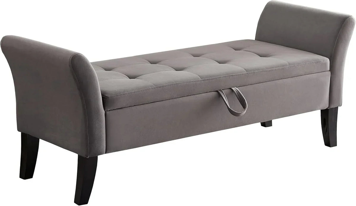 Furniliving Modern Storage Ottoman Bench, Sherpa Ottoman End of Bed Bench with Solid Wood Legs Upholstered Ottoman Benches with Storage Indoor Bench for Living Room with Rolled Arm, Entryway, White