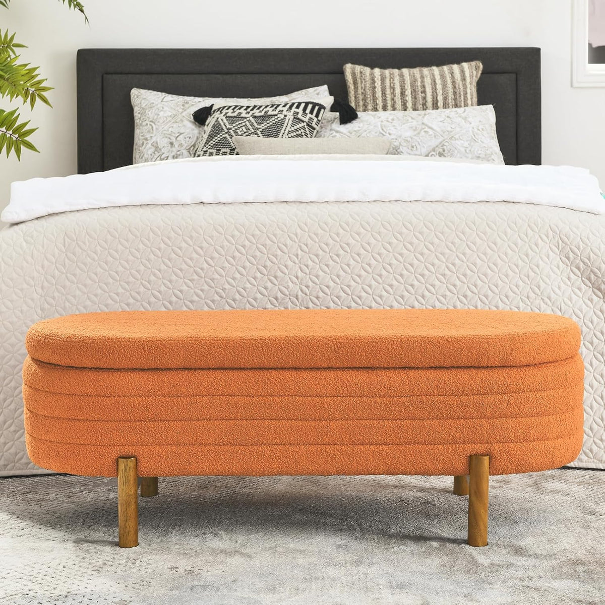 Furniliving Modern Storage Ottoman Bench, Sherpa Ottoman End of Bed Bench with Solid Wood Legs Upholstered Ottoman Benches with Storage Indoor Bench for Living Room with Rolled Arm, Entryway, White