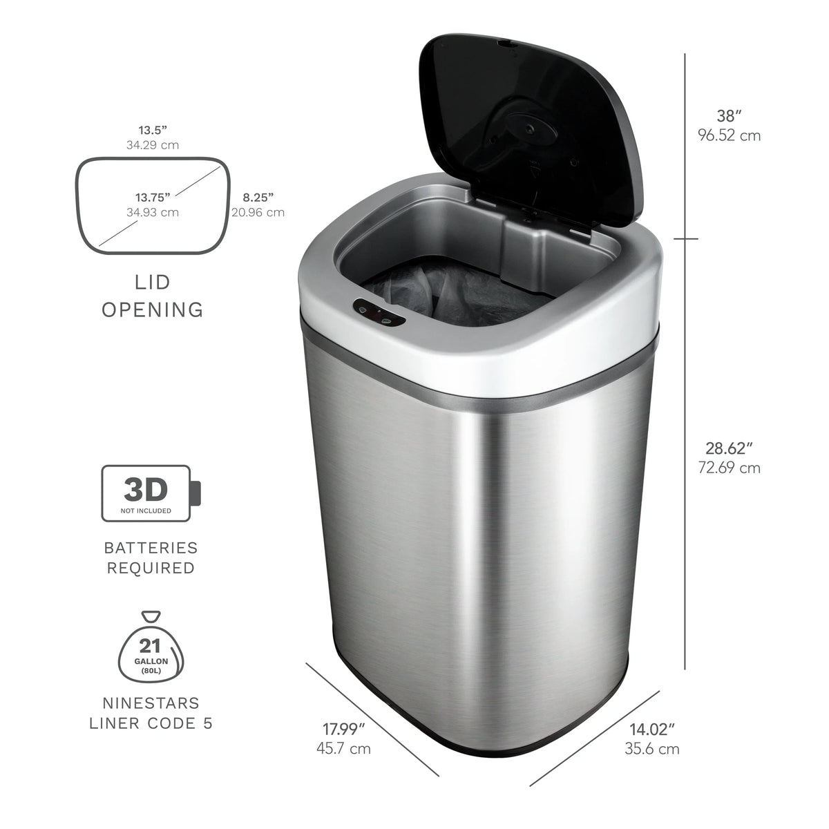 Nine Stars Automatic Trash Can, 21 Gallon Stainless Steel, Motion Sensor Hands Free Soft Close Lid Garbage Bin, Silver