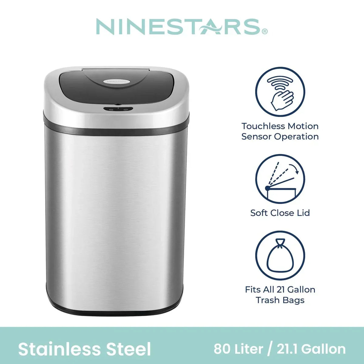 Nine Stars Automatic Trash Can, 21 Gallon Stainless Steel, Motion Sensor Hands Free Soft Close Lid Garbage Bin, Silver