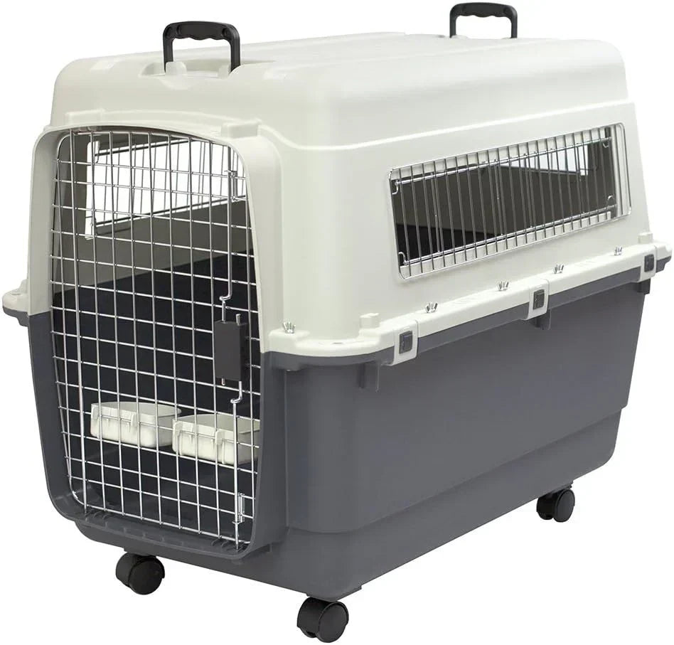 Designs Plastic Kennels Rolling Plastic Airline Approved Wire Door Travel Dog Crate, XXX-Large, Gray