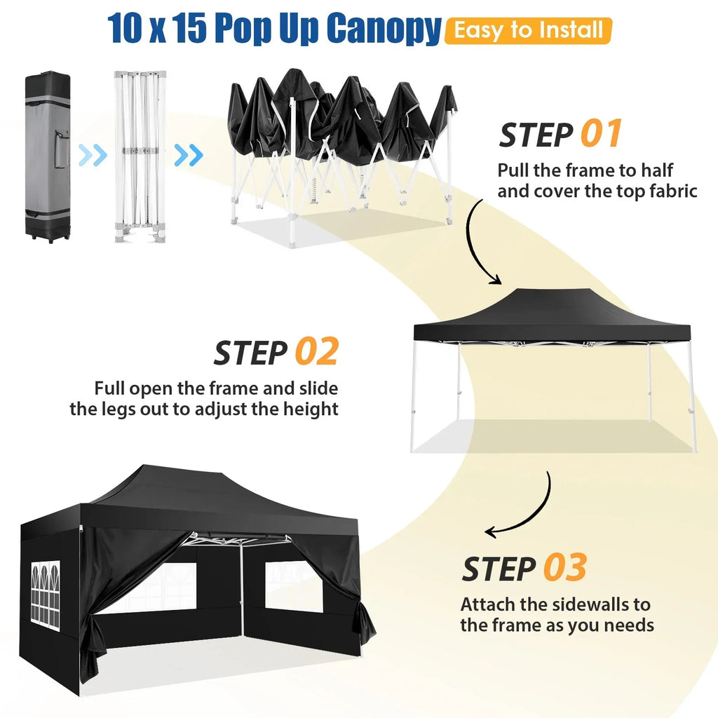 Hoteel 10x15 Heavy Duty Canopy Tent with 4 Sidewalls,Pop up Canopy for Parties Wedding,Commercial Easy up Gazebo with Roller Bag,UV 50+ &,Black
