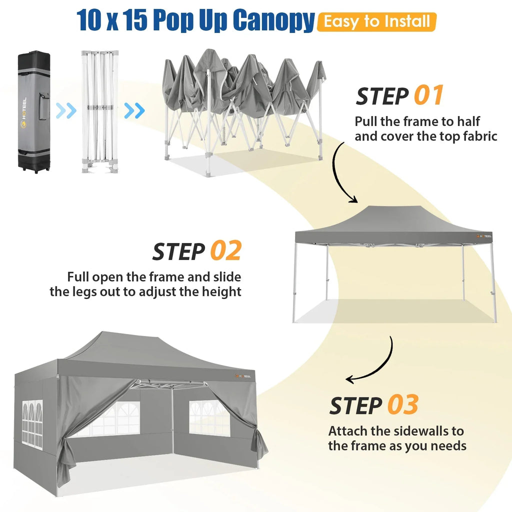 HOTEEL 10x15 Heavy Duty Canopy Tent - Commercial Pop Up with UV50+, Thick Hexagonal Frame, 4 Sidewalls, Anti-Pooling Design & Roller Bag (Black)