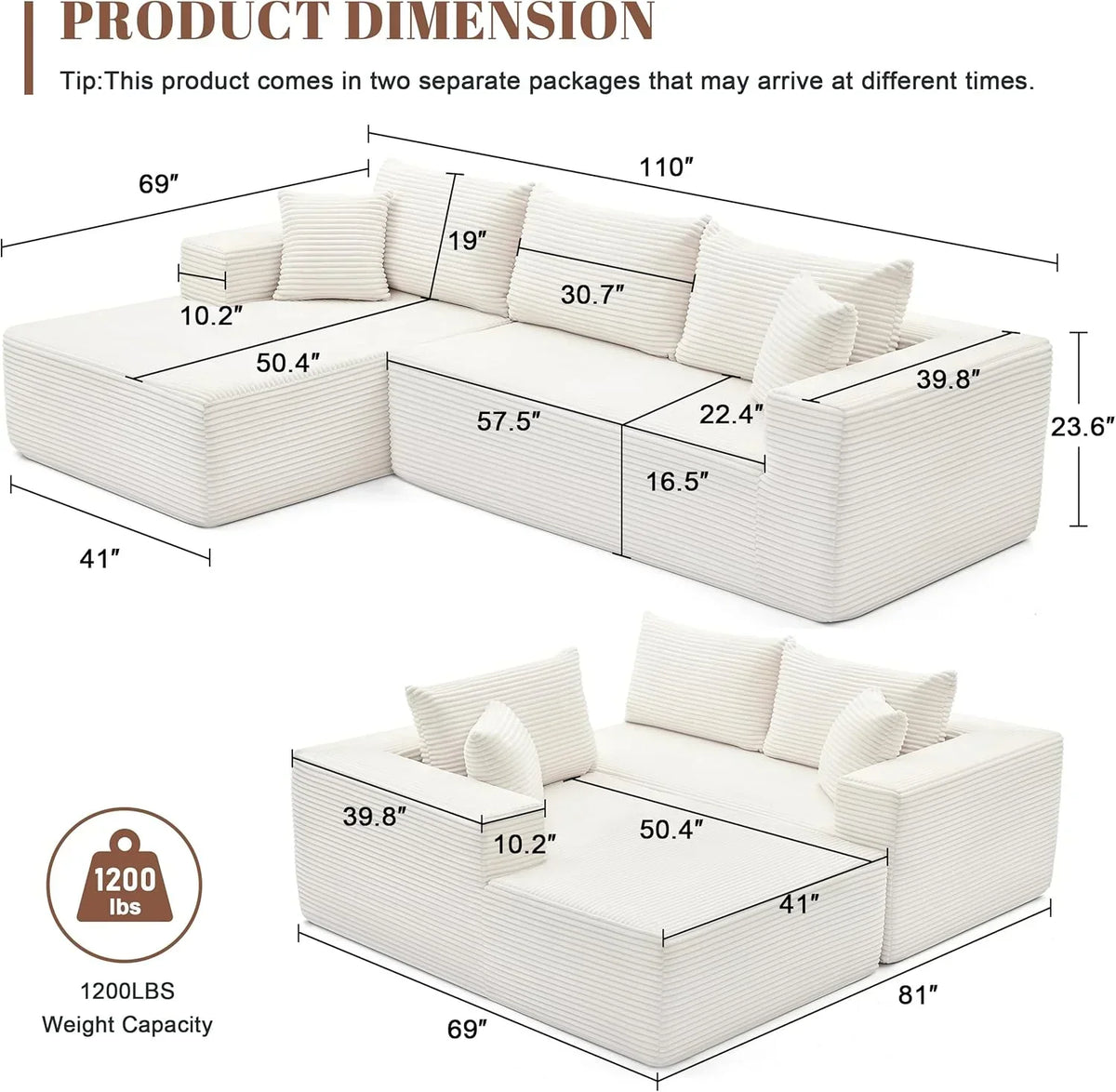 110 Cloud Sectional Couch, Boneless Sofa for Living Room Modular Sectional Sofa with Deep Seat