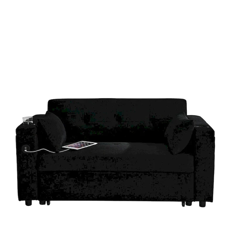 54 Pull-Out Sleeper Sofa Bed, 2 Seat Recliner Sofa Bed with Storage, Lumbar Pillow, USB Power Outlet