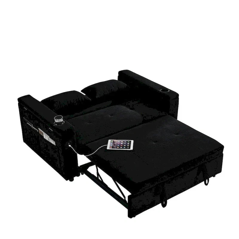 54 Pull-Out Sleeper Sofa Bed, 2 Seat Recliner Sofa Bed with Storage, Lumbar Pillow, USB Power Outlet