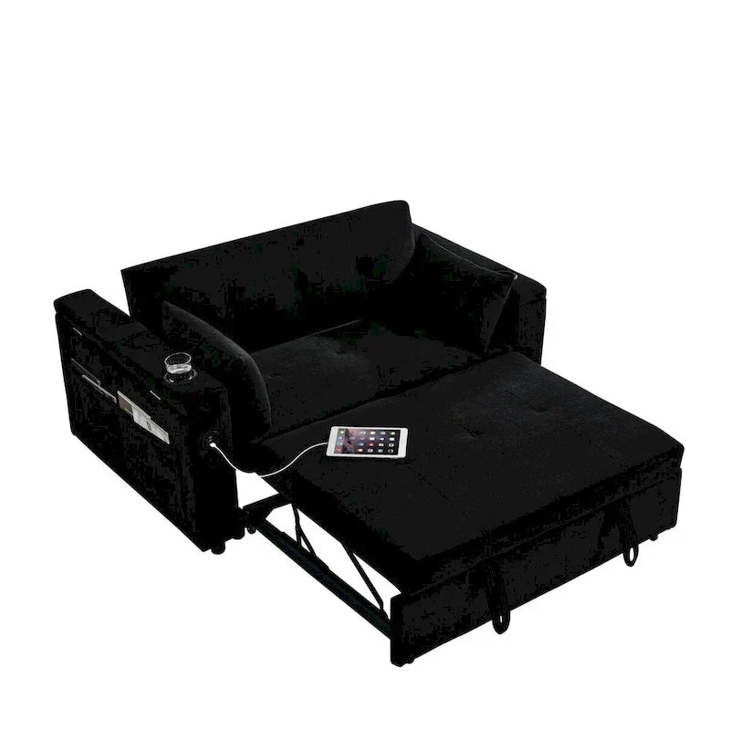 54 Pull-Out Sleeper Sofa Bed, 2 Seat Recliner Sofa Bed with Storage, Lumbar Pillow, USB Power Outlet