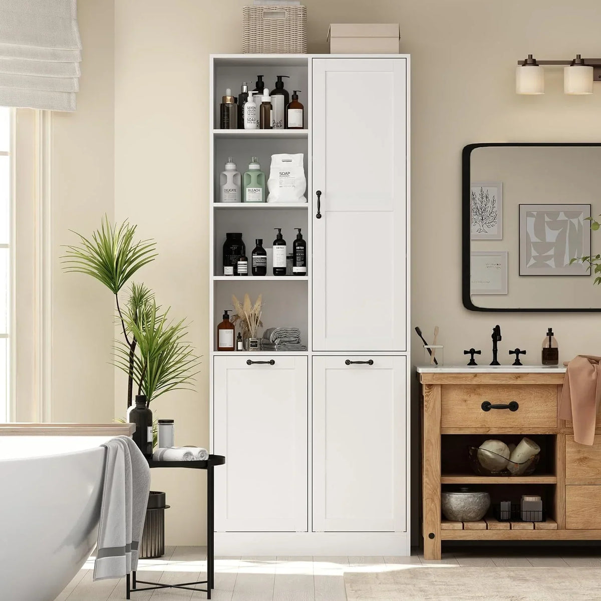 Storage cabinet with laundry basket, display cabinet