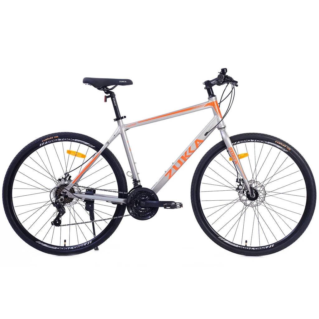 Men's Hybrid Road Bike 28 inch 700C Wheels, 21-Speed, 21-inch Aluminum Frame - Silver and Orange