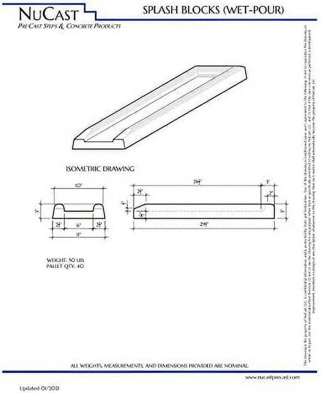 Nucast Precast Concrete Splash Block for Water and Rain Drainage from Home, Gutter, Downspout 3" x 11" Wide x 30"
