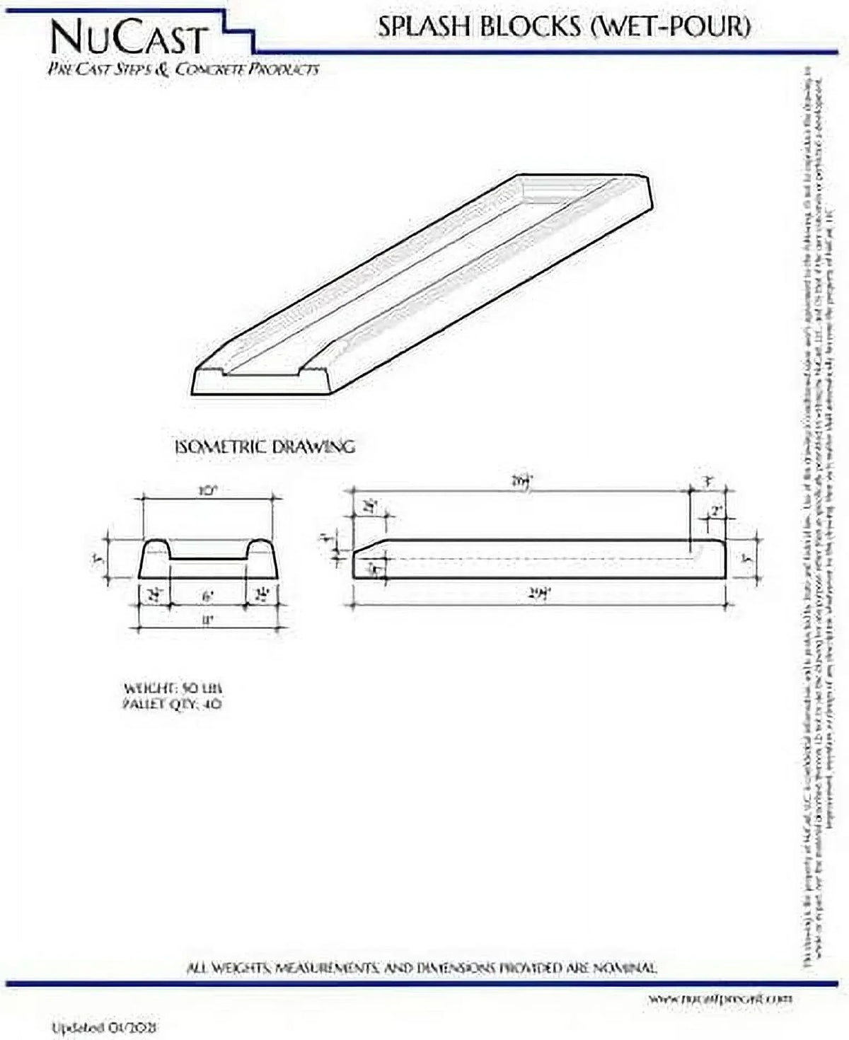 Nucast Precast Concrete Splash Block for Water and Rain Drainage from Home, Gutter, Downspout 3" x 11" Wide x 30"