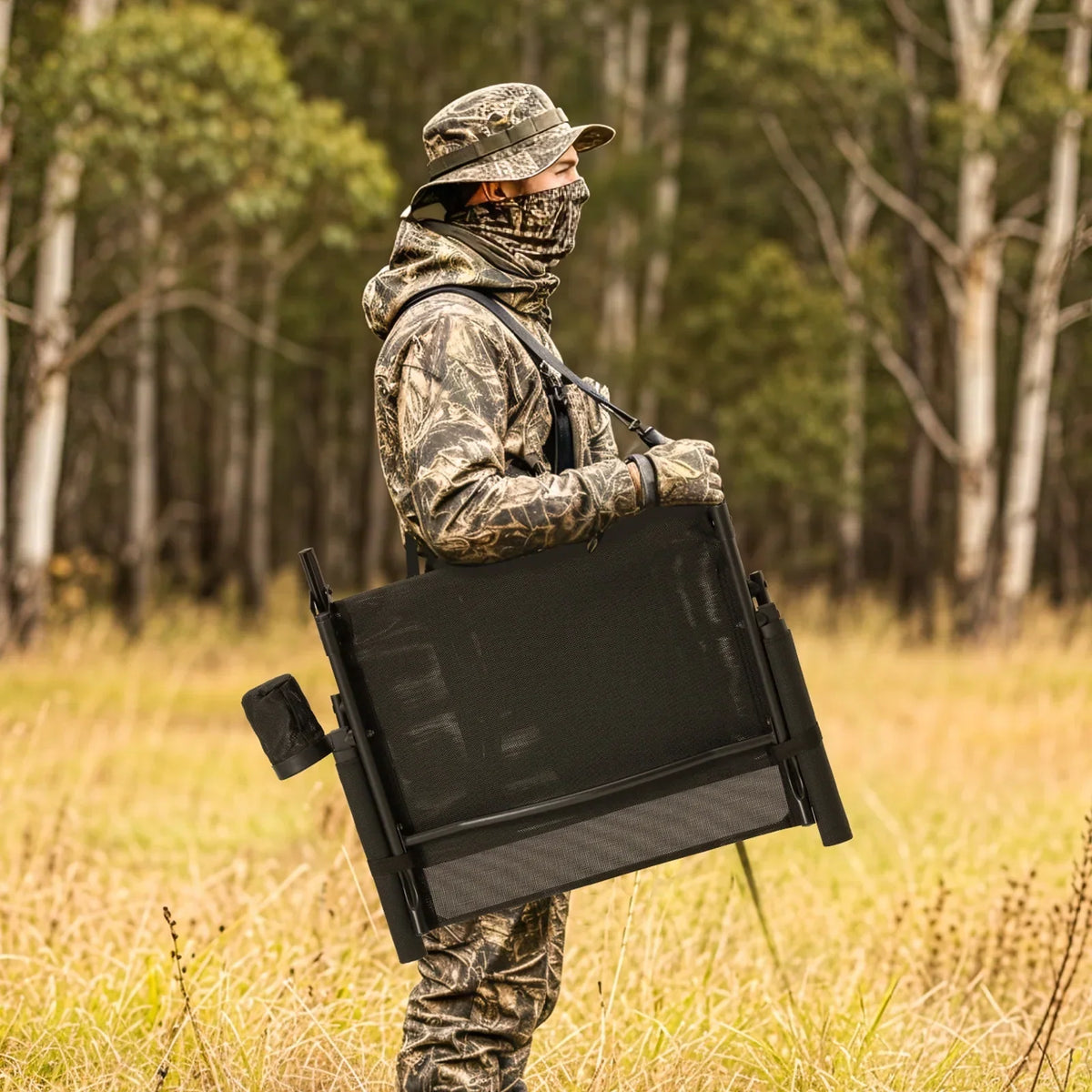 Danrelax 360 Silent Camo Hunting Blind Chair, Armrests, Side Pouch, Telescopic Legs
