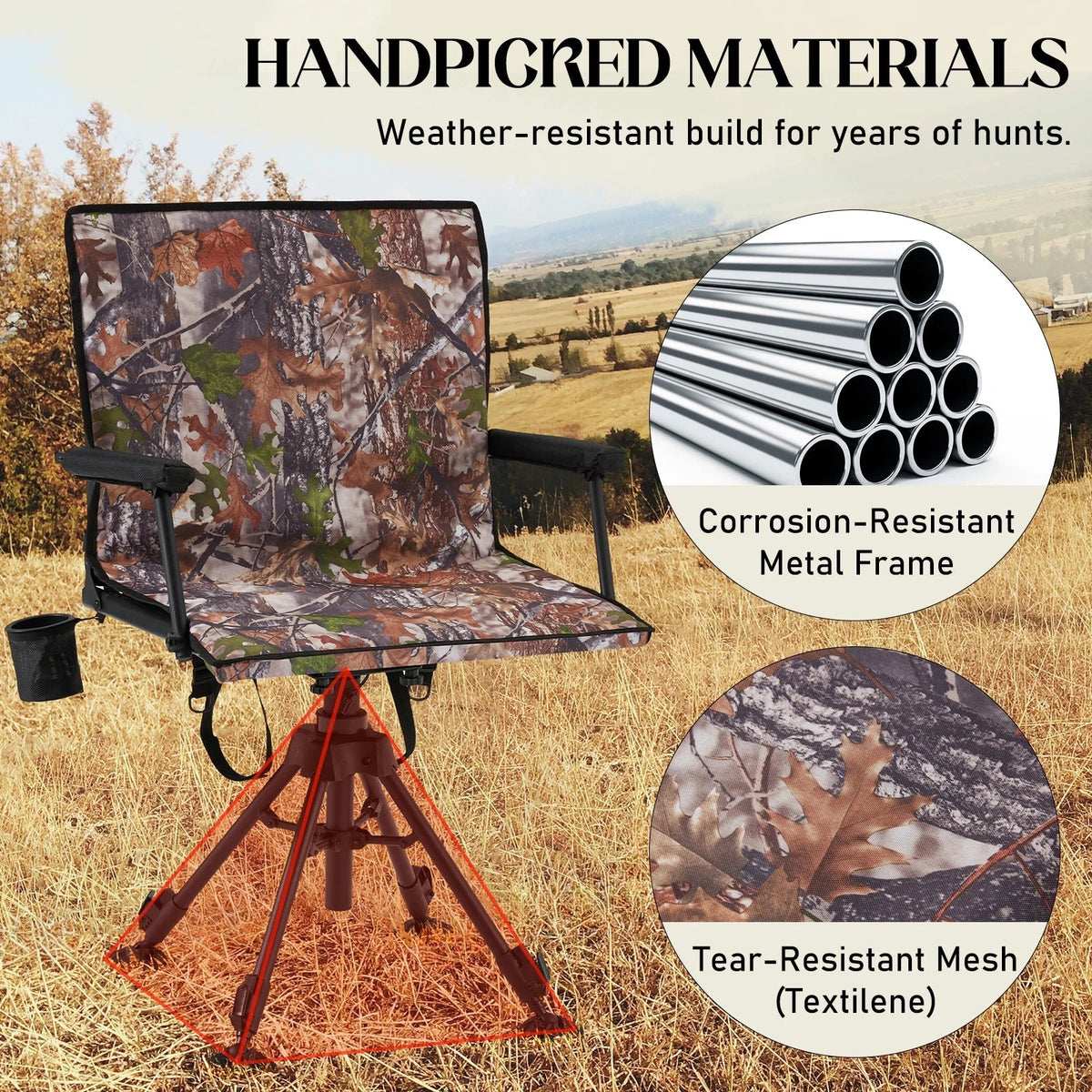Danrelax 360 Silent Camo Hunting Blind Chair, Armrests, Side Pouch, Telescopic Legs
