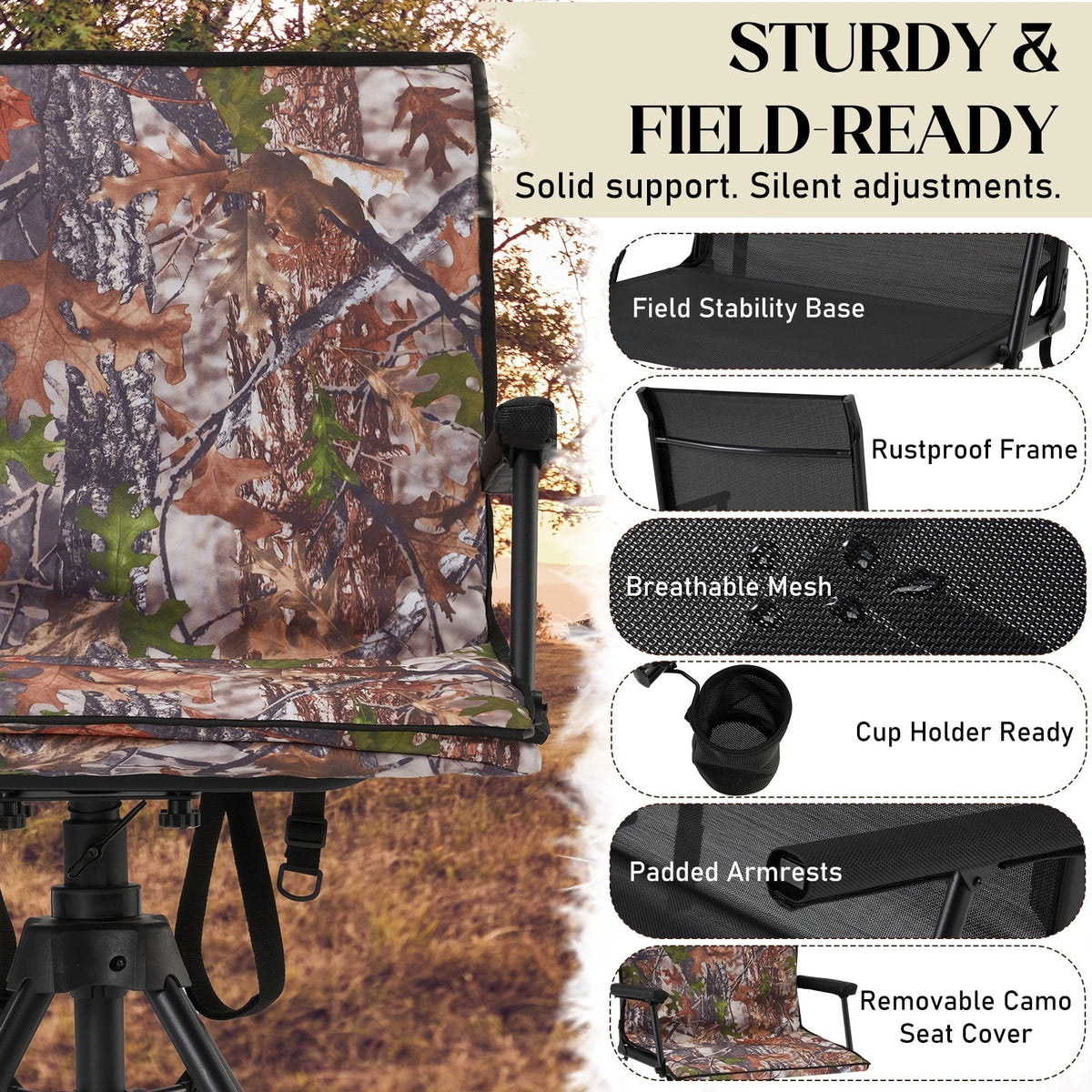Danrelax 360 Silent Camo Hunting Blind Chair, Armrests, Side Pouch, Telescopic Legs