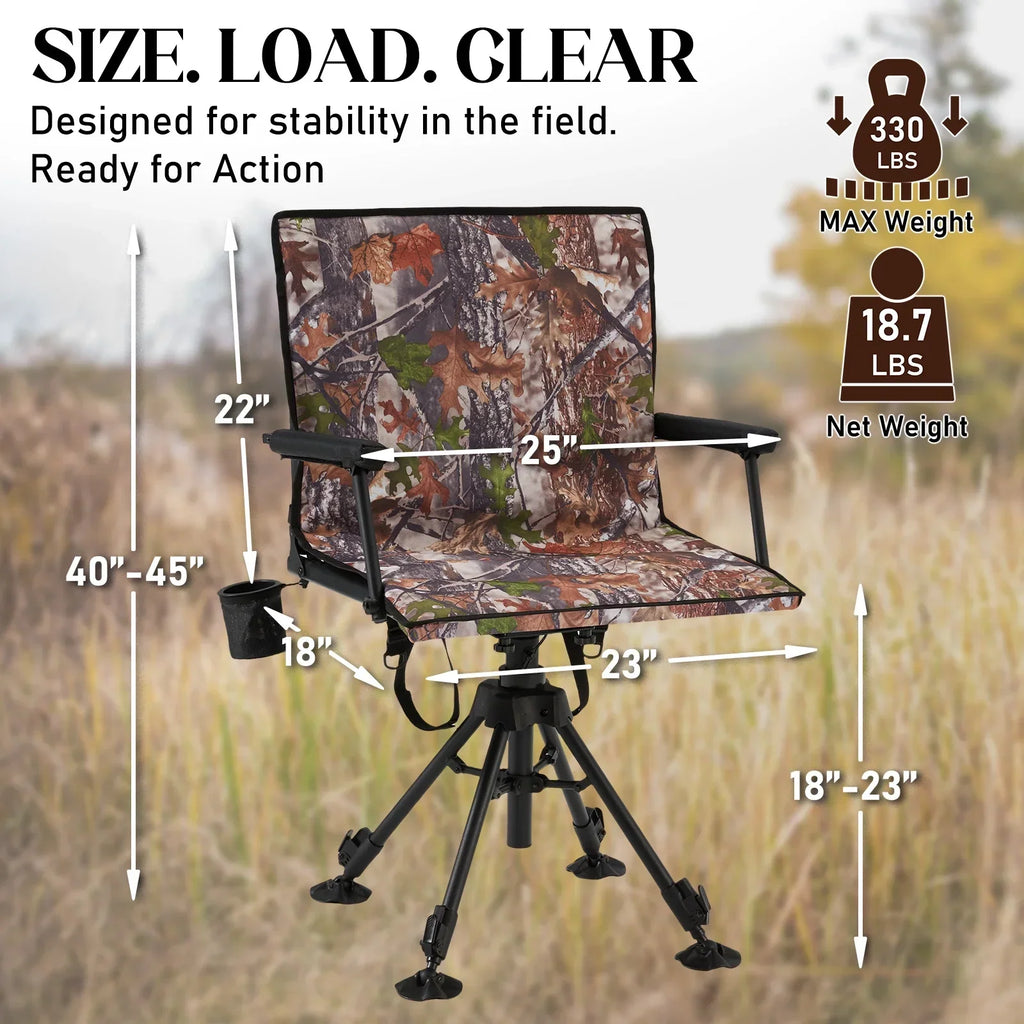 Danrelax 360 Silent Camo Hunting Blind Chair, Armrests, Side Pouch, Telescopic Legs