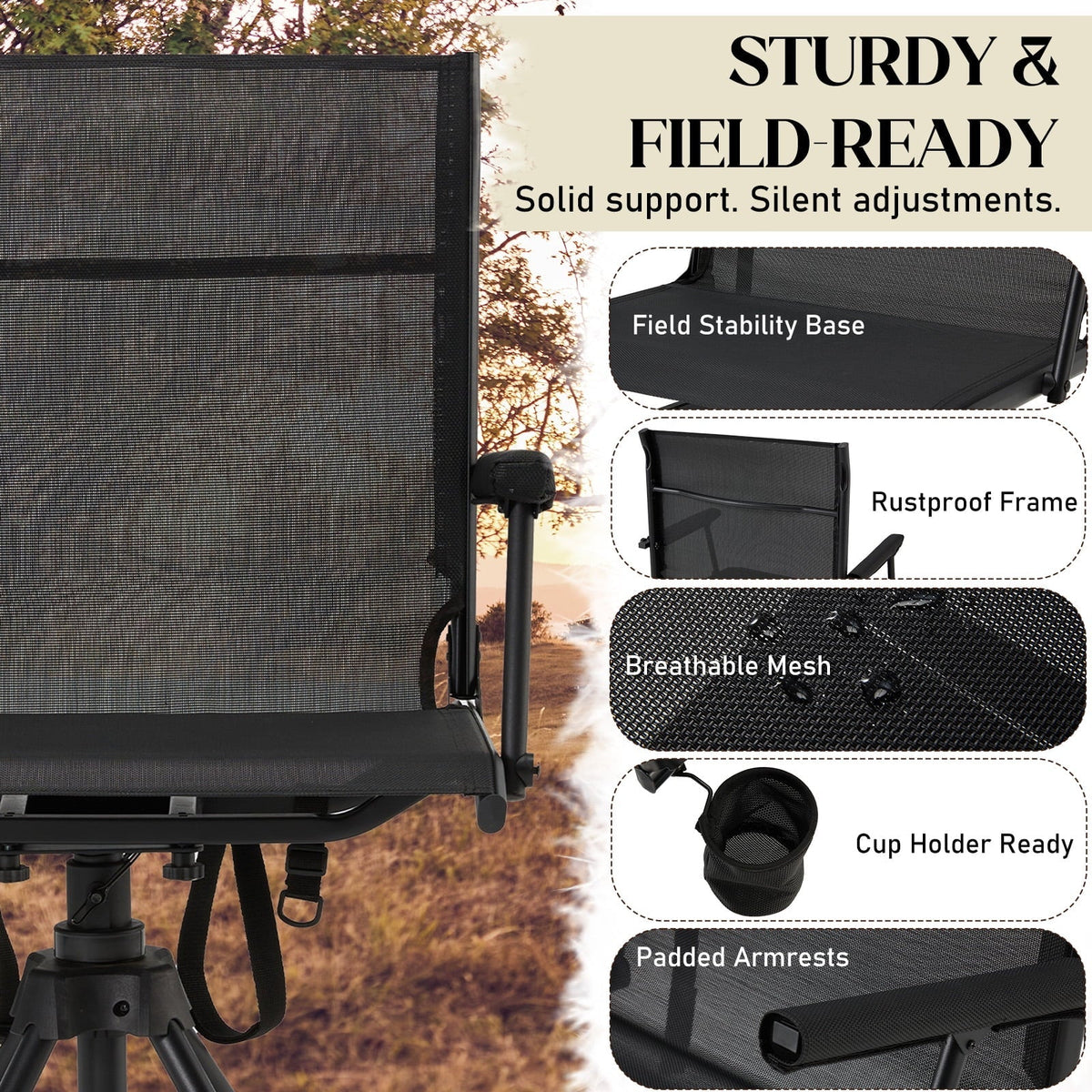 Danrelax 360 Silent Camo Hunting Blind Chair, Armrests, Side Pouch, Telescopic Legs