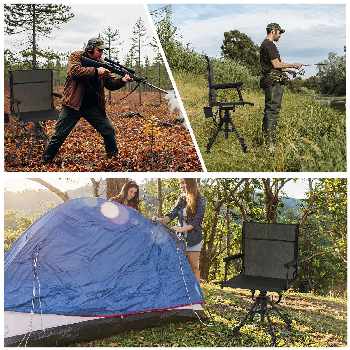 Danrelax 360 Silent Camo Hunting Blind Chair, Armrests, Side Pouch, Telescopic Legs