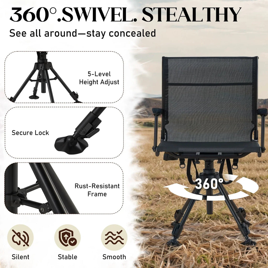 Danrelax 360 Silent Camo Hunting Blind Chair, Armrests, Side Pouch, Telescopic Legs