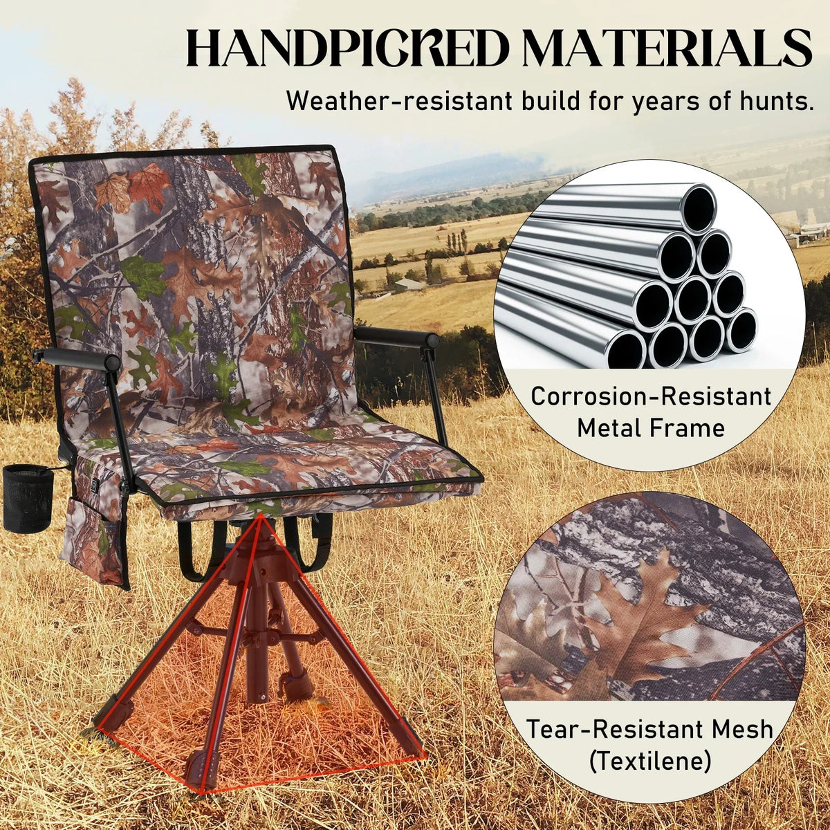 Danrelax 360 Silent Camo Hunting Blind Chair, Armrests, Side Pouch, Telescopic Legs