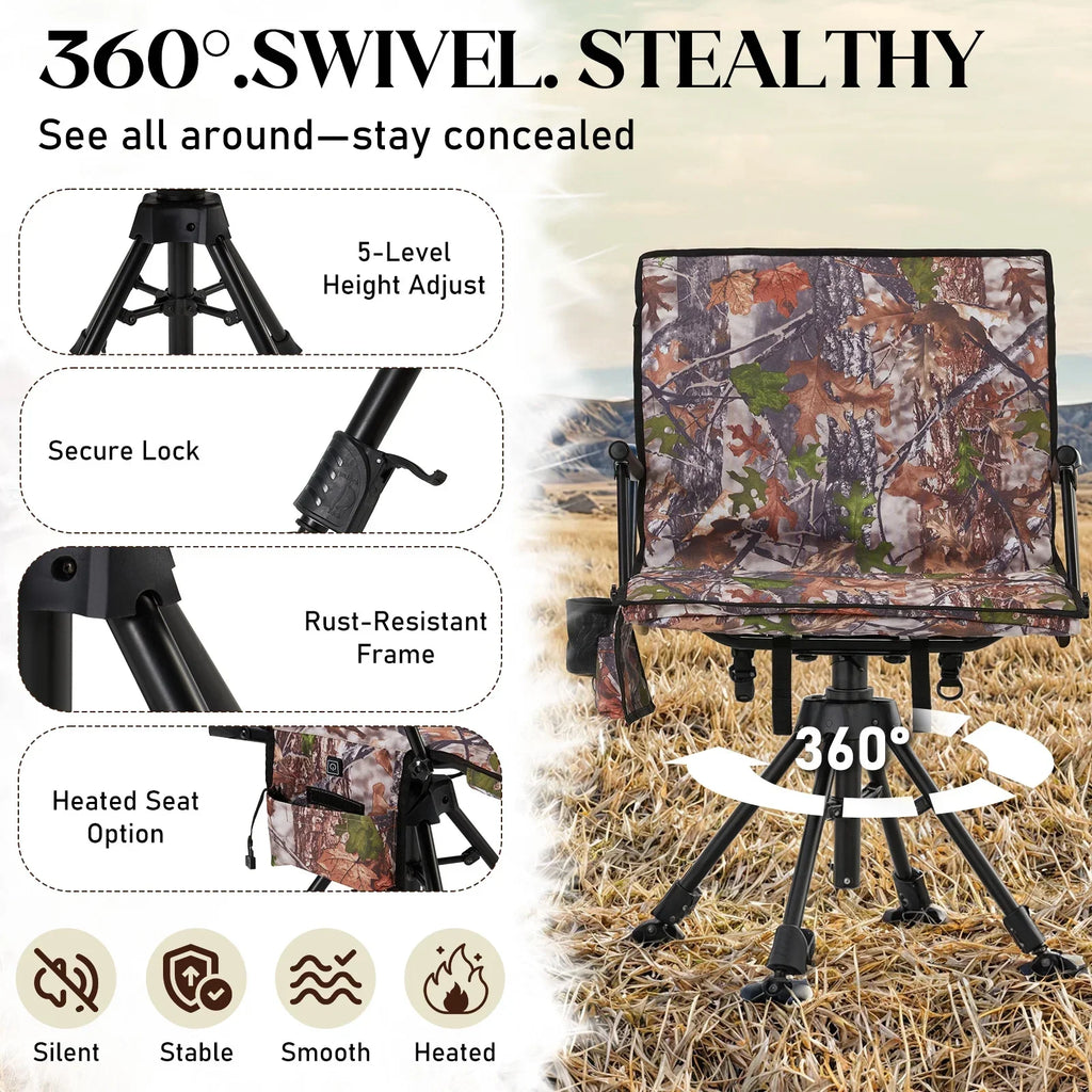 Danrelax 360 Silent Camo Hunting Blind Chair, Armrests, Side Pouch, Telescopic Legs