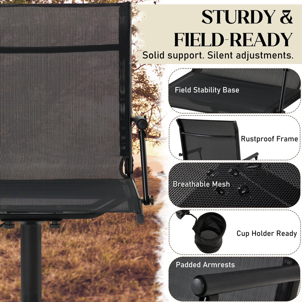 Danrelax 360 Silent Camo Hunting Blind Chair, Armrests, Side Pouch, Telescopic Legs