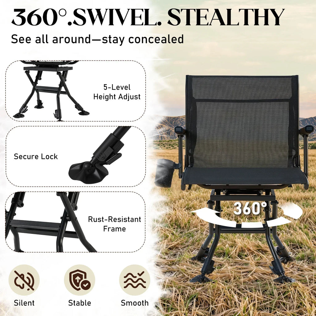 Danrelax 360 Silent Camo Hunting Blind Chair, Armrests, Side Pouch, Telescopic Legs