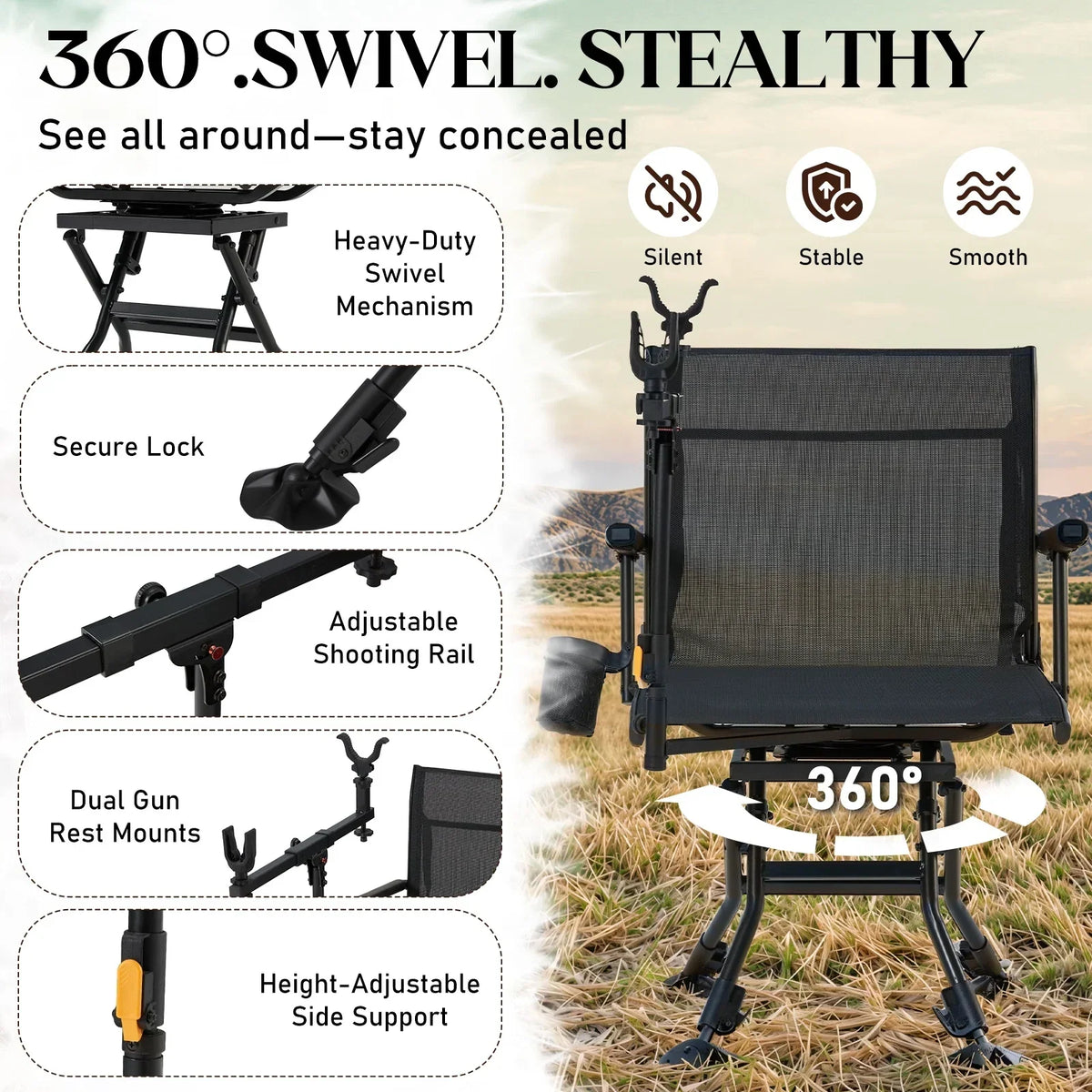 Danrelax 360 Silent Camo Hunting Blind Chair, Armrests, Side Pouch, Telescopic Legs