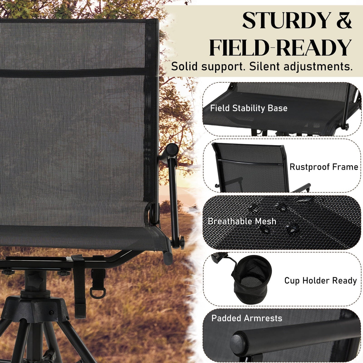 Danrelax 360 Silent Camo Hunting Blind Chair, Armrests, Side Pouch, Telescopic Legs