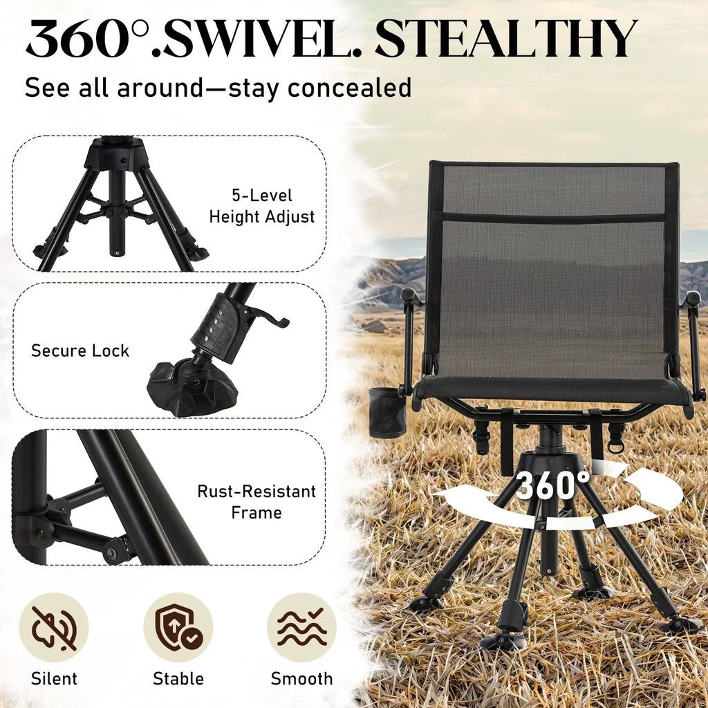 Danrelax 360 Silent Camo Hunting Blind Chair, Armrests, Side Pouch, Telescopic Legs