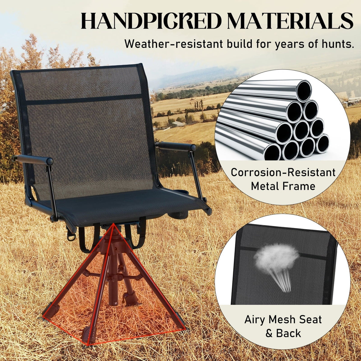Danrelax 360 Silent Camo Hunting Blind Chair, Armrests, Side Pouch, Telescopic Legs