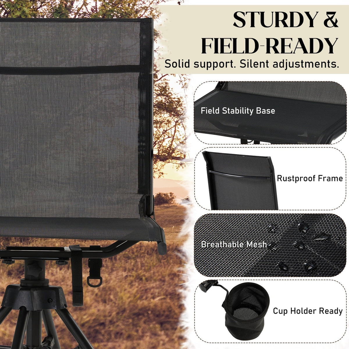 Danrelax 360 Silent Camo Hunting Blind Chair, Armrests, Side Pouch, Telescopic Legs