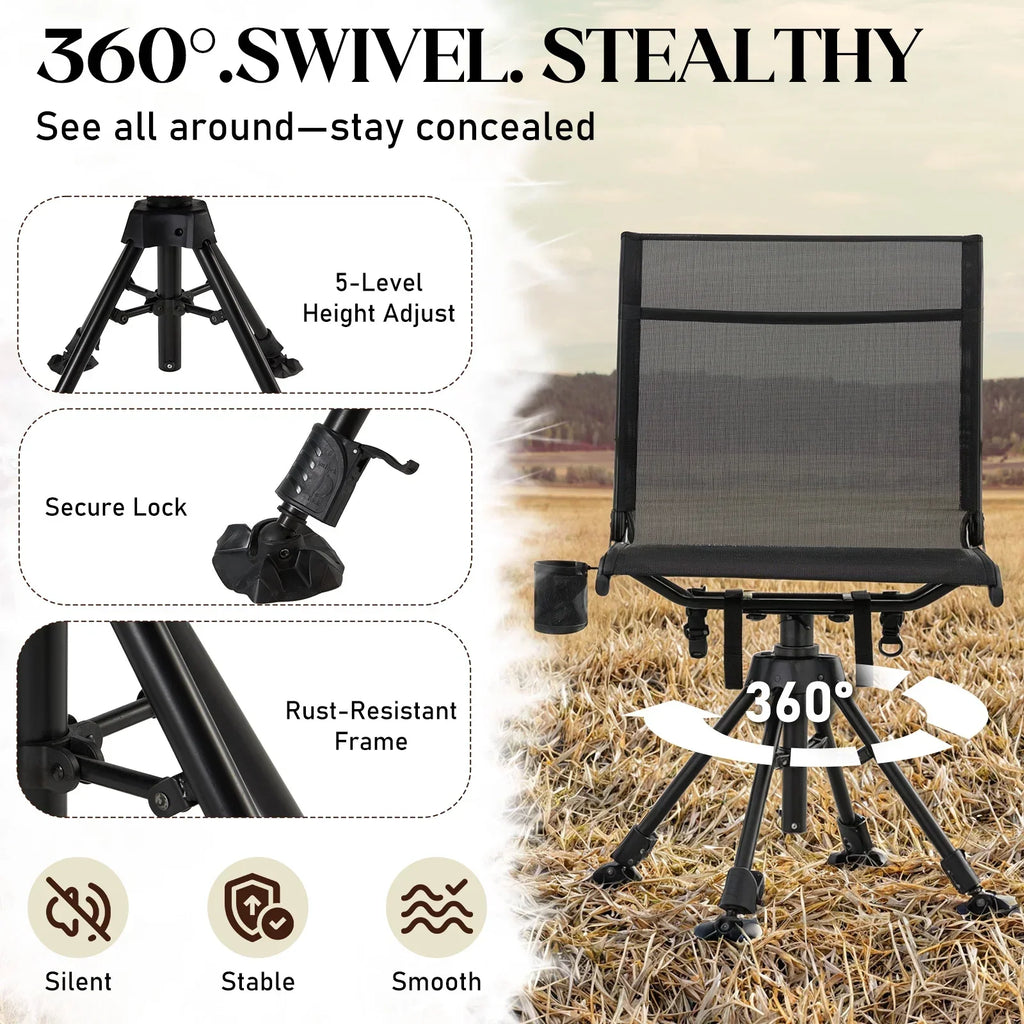 Danrelax 360 Silent Camo Hunting Blind Chair, Armrests, Side Pouch, Telescopic Legs