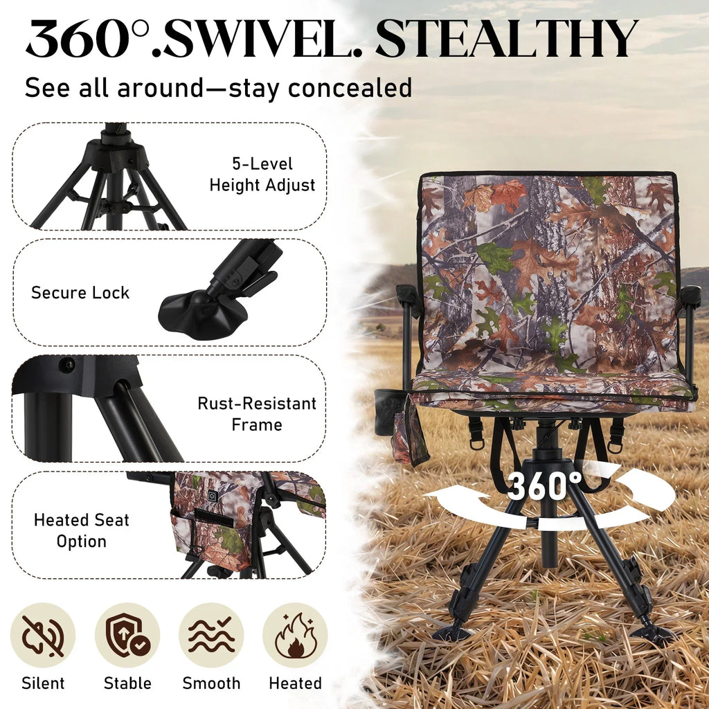Danrelax 360 Silent Camo Hunting Blind Chair, Armrests, Side Pouch, Telescopic Legs