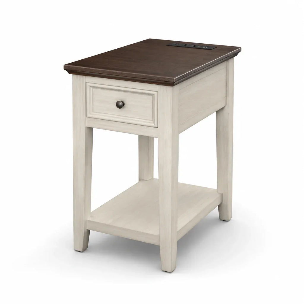 Narrow End Table with USB Charging, Drawer & Shelf, Farmhouse Style