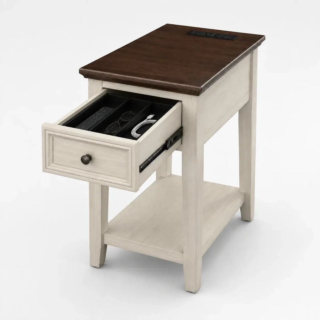 Narrow End Table with USB Charging, Drawer & Shelf, Farmhouse Style