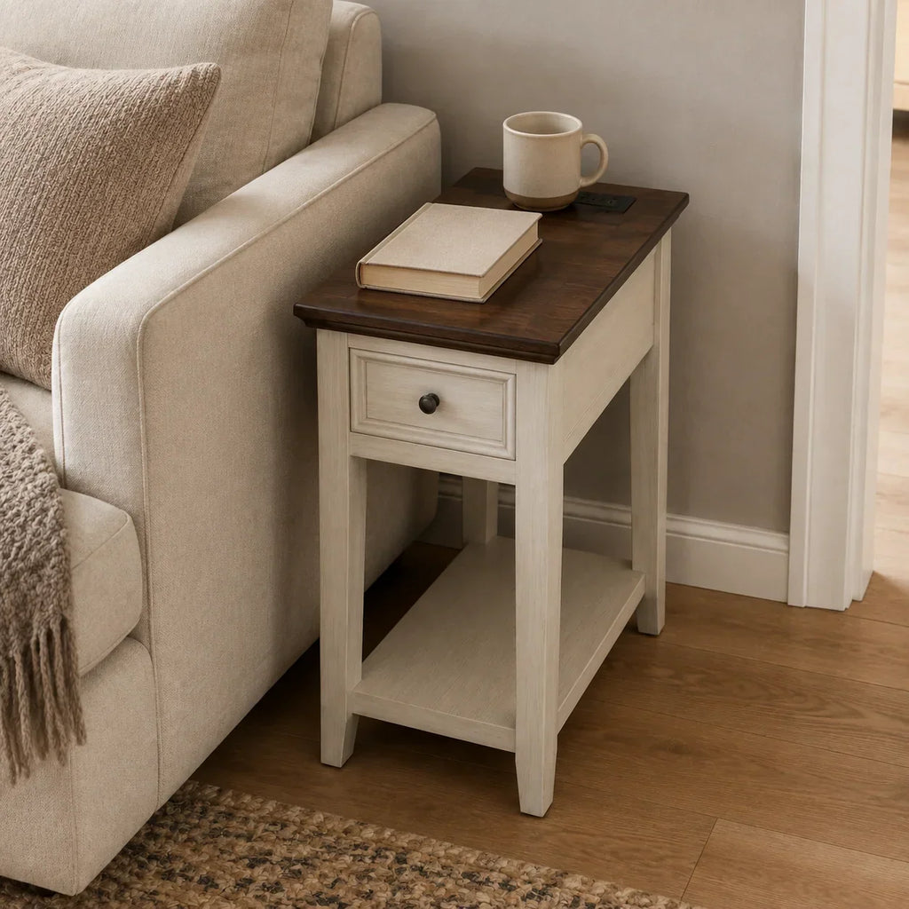 Narrow End Table with USB Charging, Drawer & Shelf, Farmhouse Style