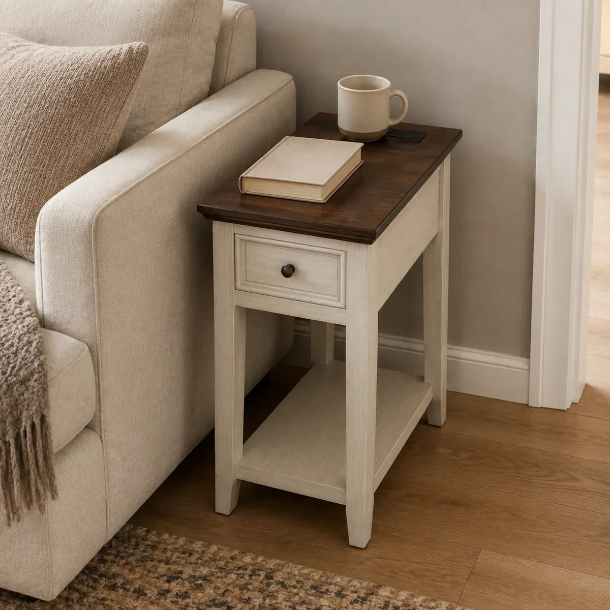 Narrow End Table with USB Charging, Drawer & Shelf, Farmhouse Style