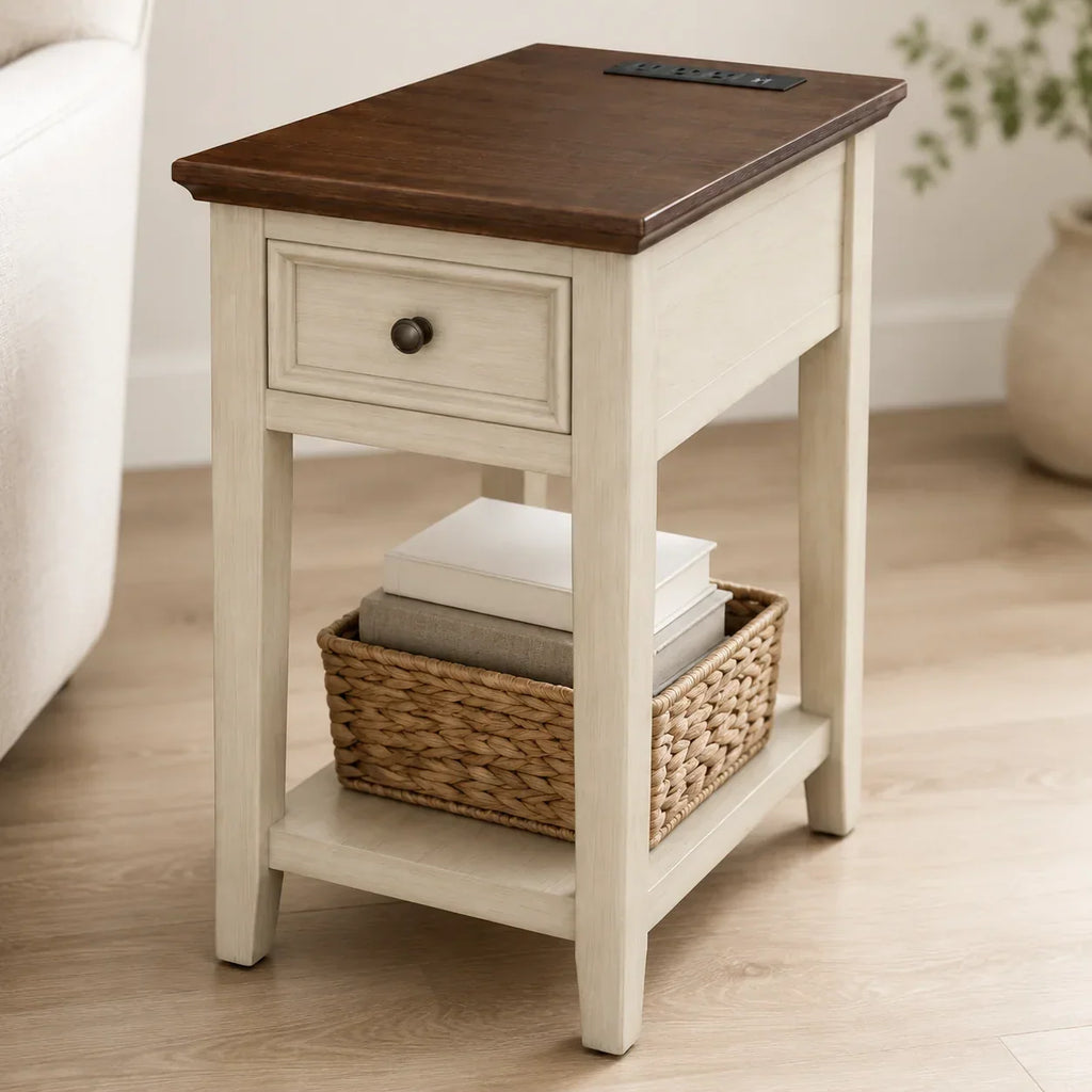 Narrow End Table with USB Charging, Drawer & Shelf, Farmhouse Style