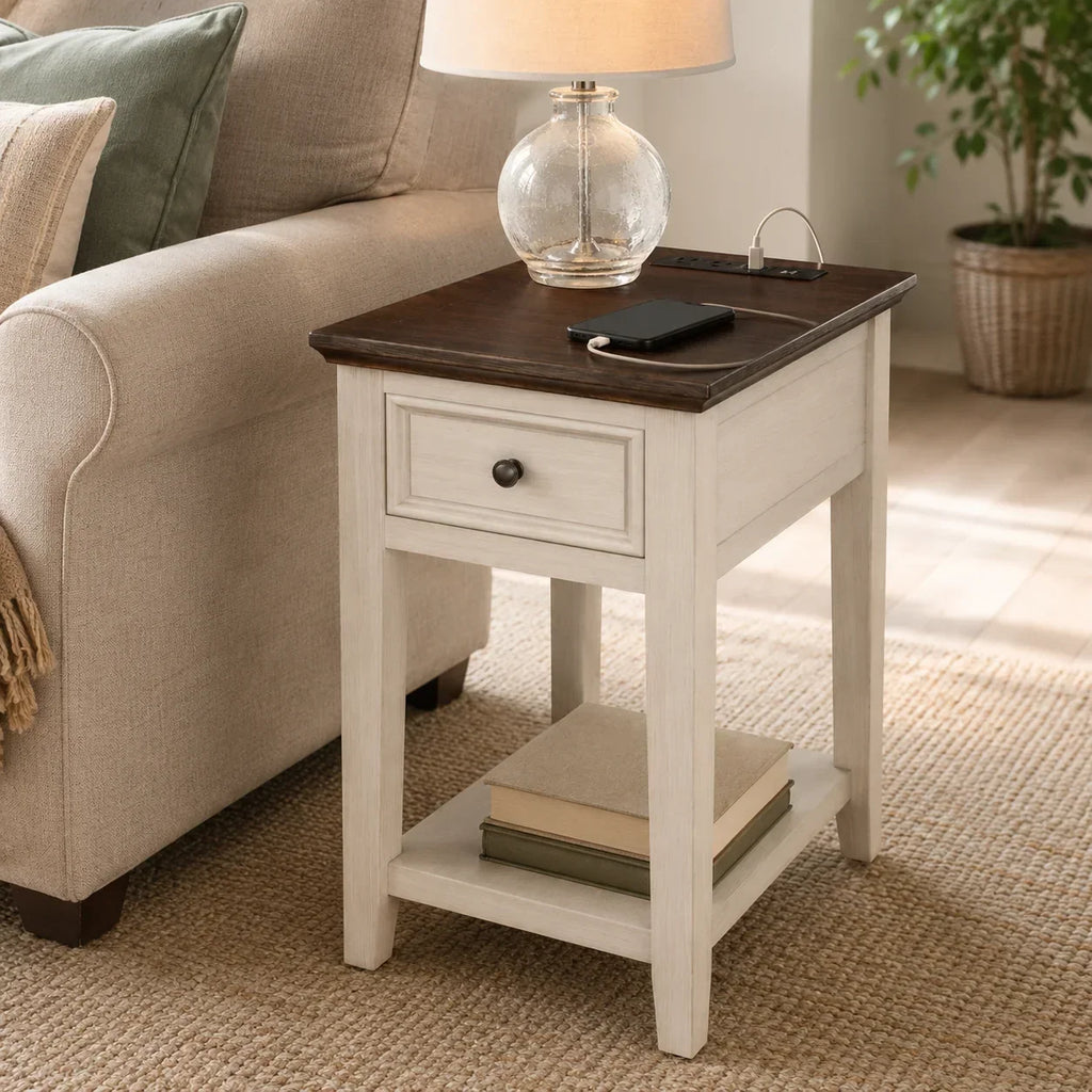 Narrow End Table with USB Charging, Drawer & Shelf, Farmhouse Style